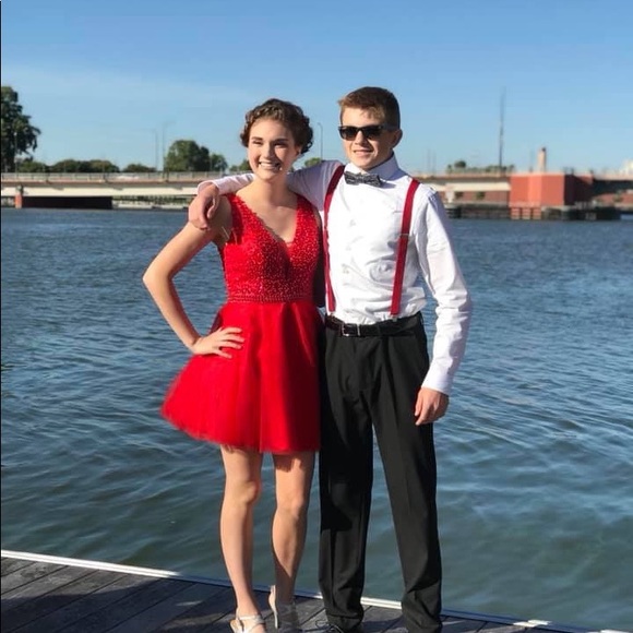 Red V-Neck Homecoming Dress - Picture 2 of 5